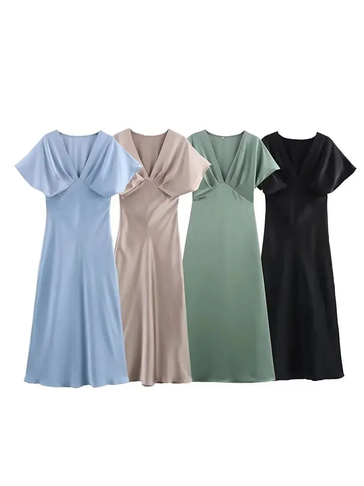 HH Women Elegant Solid Satin Dress Sexy V Neck Short Sleeve Midi Dress 2025 New Fashion Summer Lady Holidays Party Dress