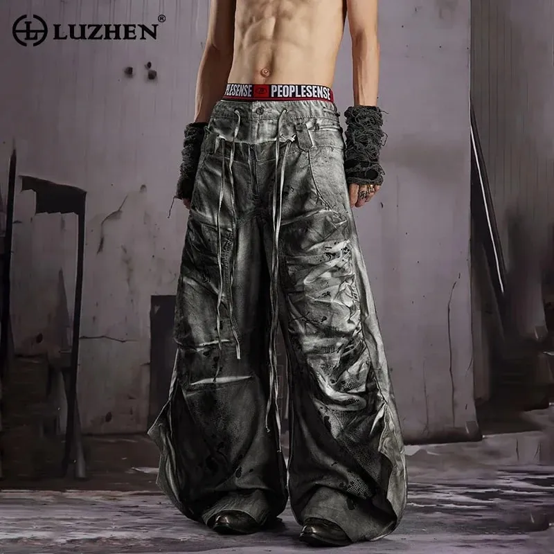 2026 New Stylish Original Streetwear Wornout Vintage Style Tie-dyed Baggy Wide Leg Jeans Men Handsome Denim Pants JY8691 — image 1