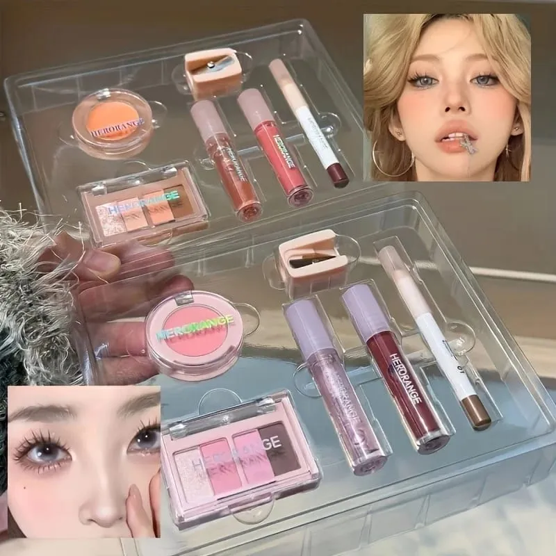 Herorange 6Pcs Mini Makeup Set Lip Gloss Lip Tint Eyeliner Blush Eyeshadow Waterproof Long Lasting