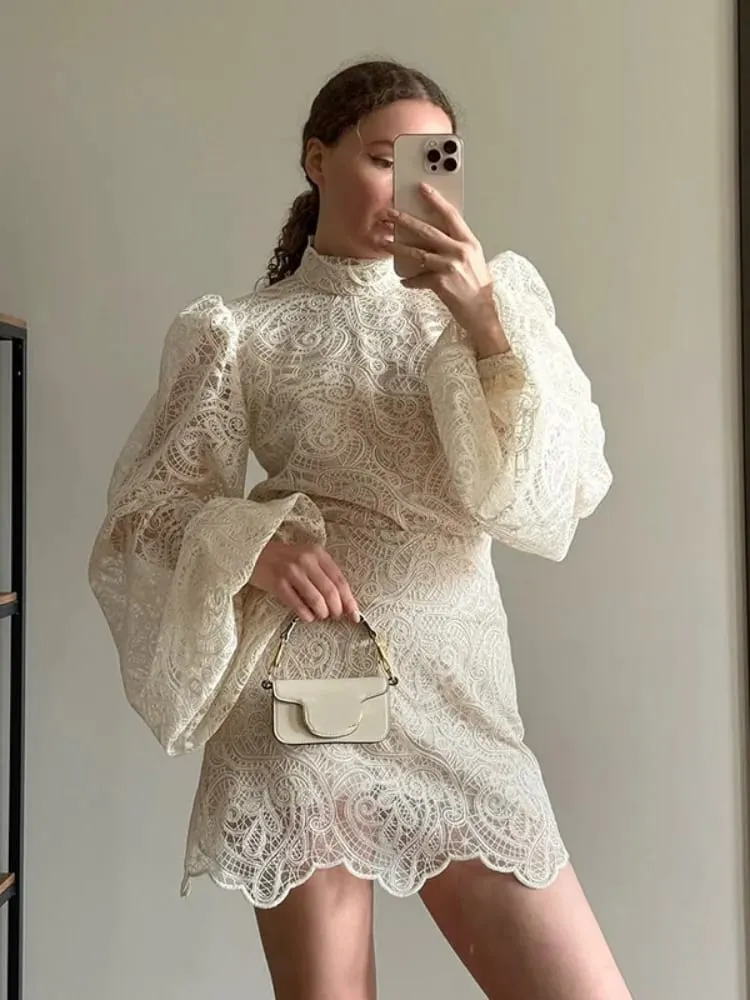 Kvinder Elegant Lace Hollow Out Minikjole Designs med fulde ærmer Chic High Neck Short Vestidos 2026 Trendy Spring Club Natkjoler — image 4