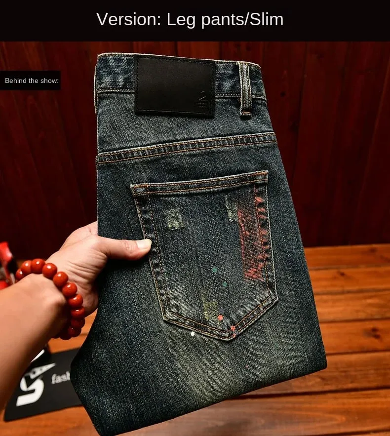 Broken hole patch jeans for men 2025 new men's clothing paint printing trend design retro nostalgic slim fit denim pants