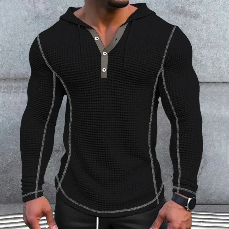 Waffle Solid Fabric Slim Fit Hoodies Men V-neck Button Casual Sweatshirts Hip Hop Street Sweater Men's Sports Tops Long Sleeve