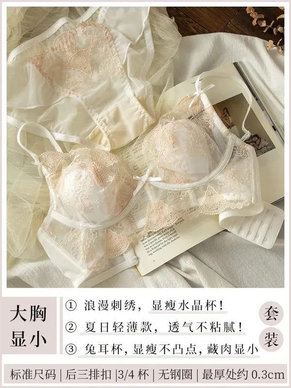 French Lace Lingerie Set Women Wirefree Minimizer Support Summer Ultra Thin Bra Large Chest Petite Look Bunny Ears