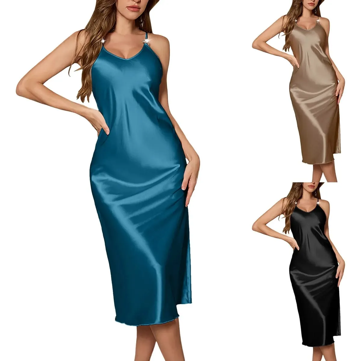 Camicia da notte in raso da donna Lingerie sexy Indumenti da notte Cinghia per spaghetti Collo ad anello Elegante slip lungo in raso di seta Midi commestibile Lingerie — image 4