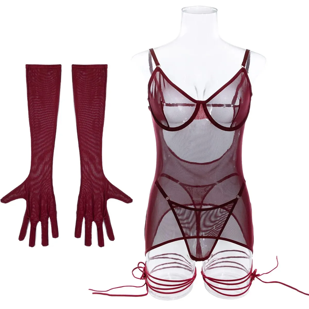 Sexy Solid Mesh Open Back Perspective Bodysuit with Rope Gloves Three Piece Set for Women See Though Fun Lingerie Intimates Suit — image 4