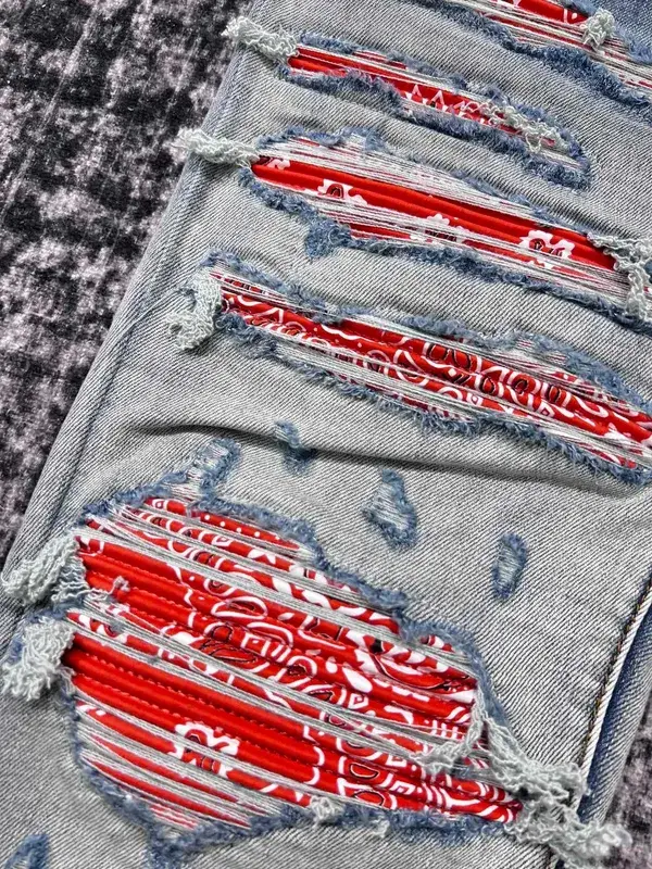 Discount men red bandana patches distressed blue jeans
