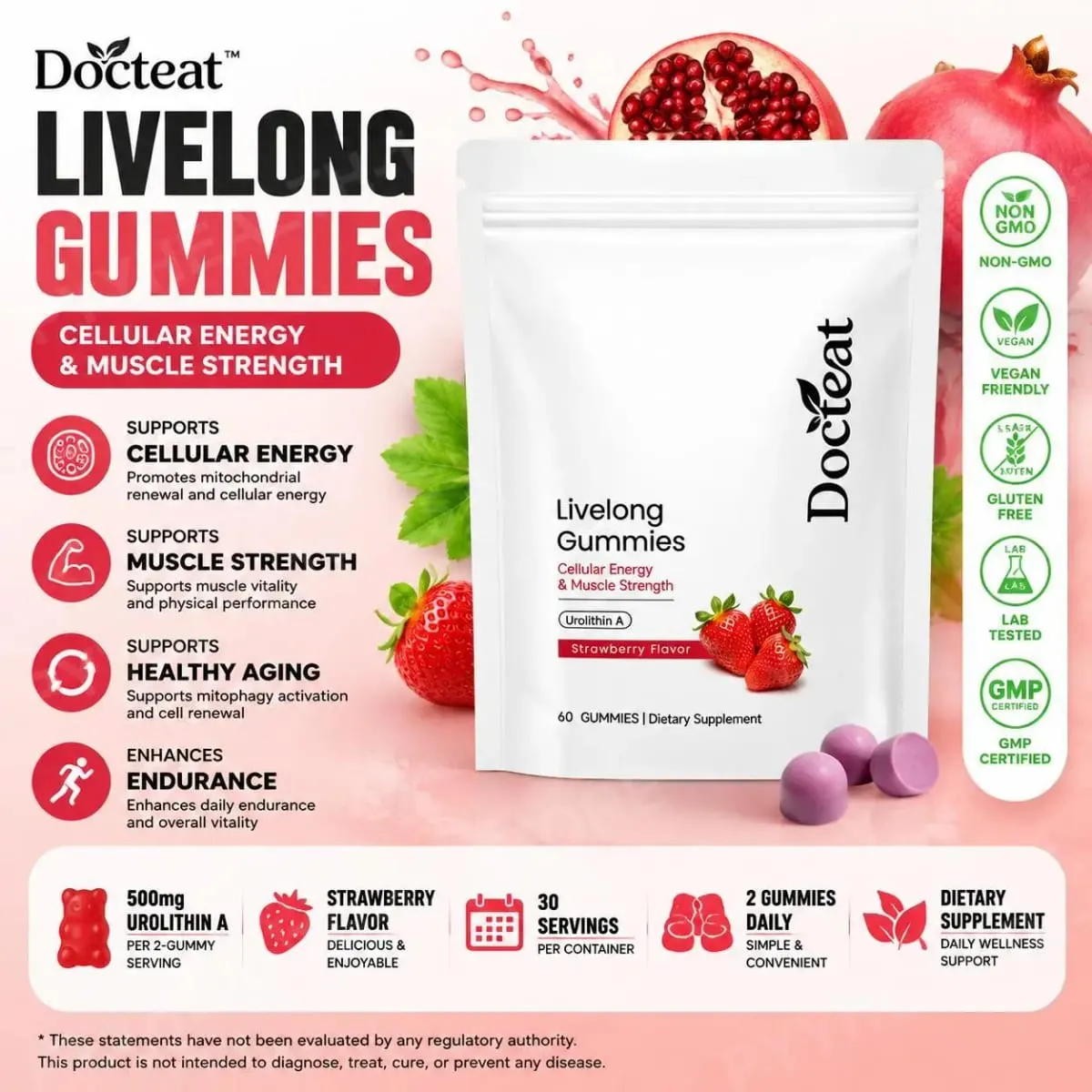 Docteat Urolithin A Gummies 500mg per Serving Strawberry Flavor Daily Cellular Wellness Support 60 Gummies for Men Women — image 1