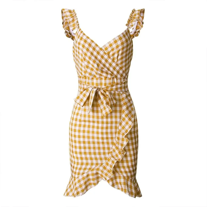 Customizable Plaid Lace Up Bodycon Dress Women Ruffles Summer Dress Off Shoulder V Neck Backless Irregular Bow Tie Dresses