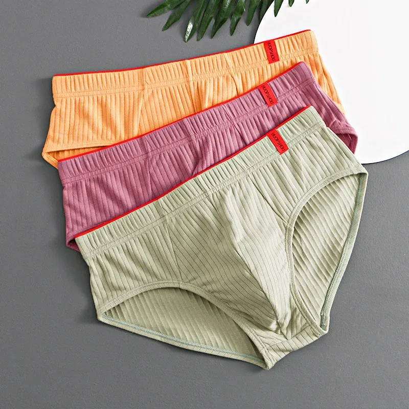 1/3 pçs cuecas masculinas meados de cintura elástica macia respirável anti-séptico u convexo listrado cor sólida casual cuecas masculinas