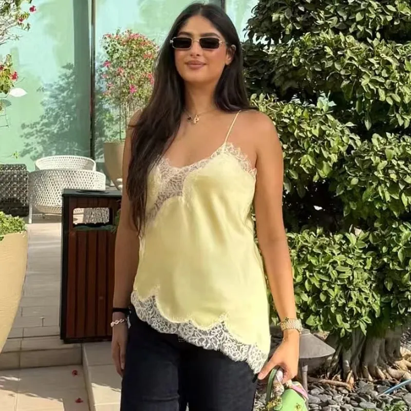 2025 Babae Asymmetrical Slip Top Babae Sexy Black Yellow Blue Top Lace Tanks & Camis Chic Y2K Sleeveless Backless Camisole