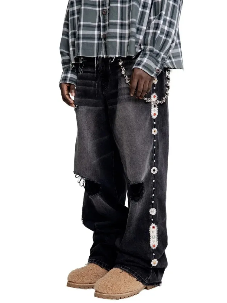 Mens Jeans Punk Vintage Streetwear Black Wide Leg Denim Pants Rhinestone Pearl Decor Ripped Distressed Loose Fit Y2K Fashion