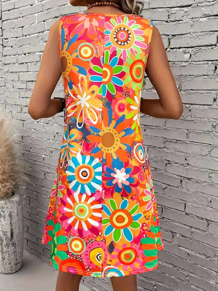 Đầm không tay họa tiết hoa sống động Váy phong cách nghỉ hè Xuân/Hè