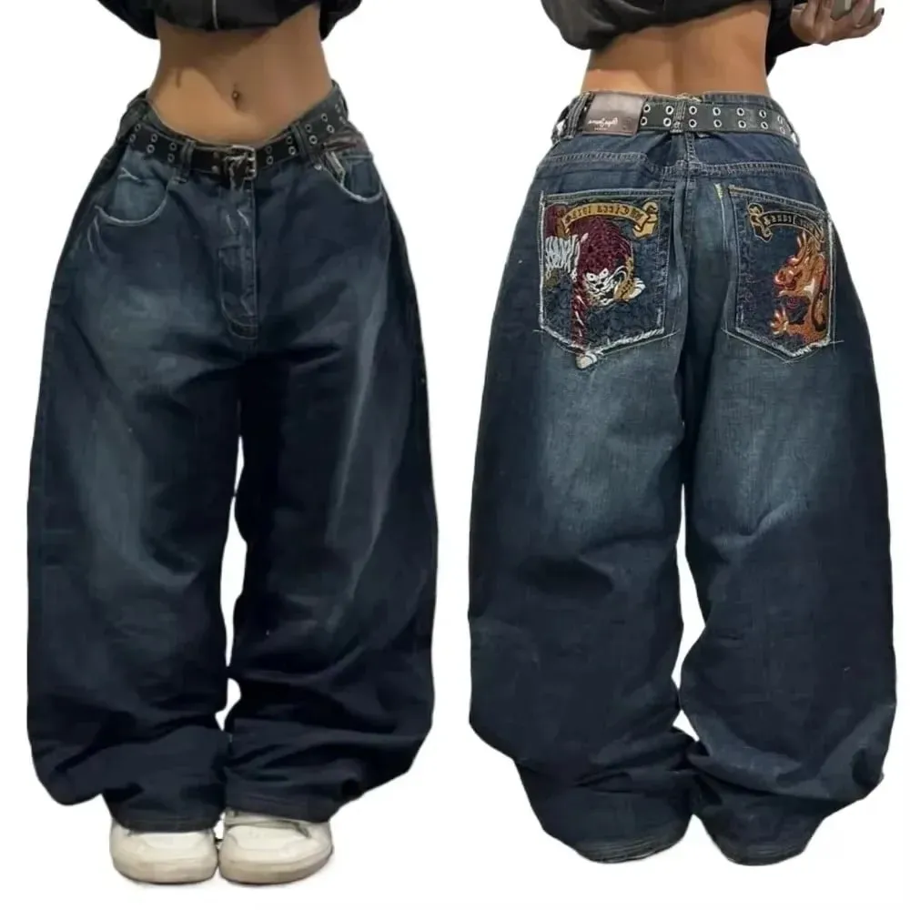 90s Gothic Centipede Embroidery Washed Oversized Wide-Leg Pants Jeans Men Y2K New Harajuku Punk Hip-Hop Rock Couple Street Wear