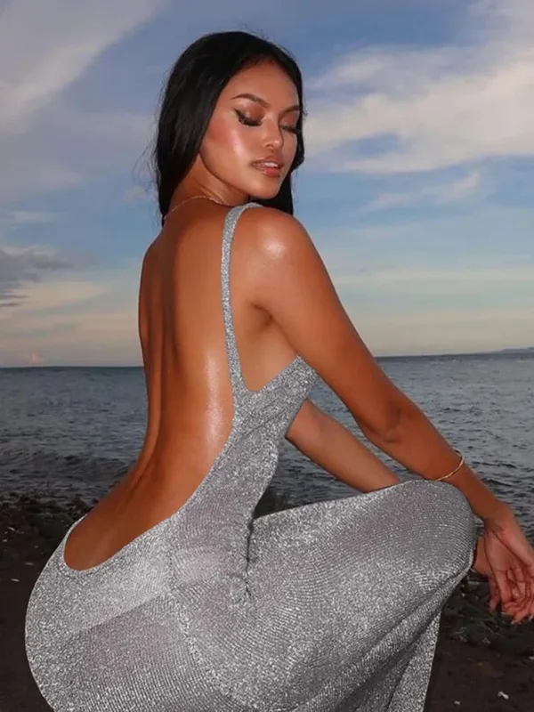 Weird Puss See Through Γυναικείο φόρεμα 2024 Summer Thin Sleeveless Glitter Splits Κοκέτα με εξώπλατο ρούχο συλλόγου Beach Sexy Vestidos