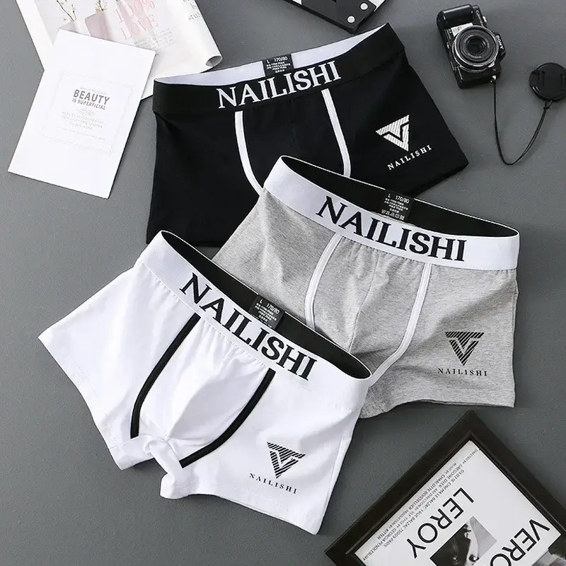 Boxer en coton pour hommes, sous-vêtements respirants, short à la mode, lettre tendance, taille moyenne, short Quadrangle, coin plat, Perso, 1/2 pièces