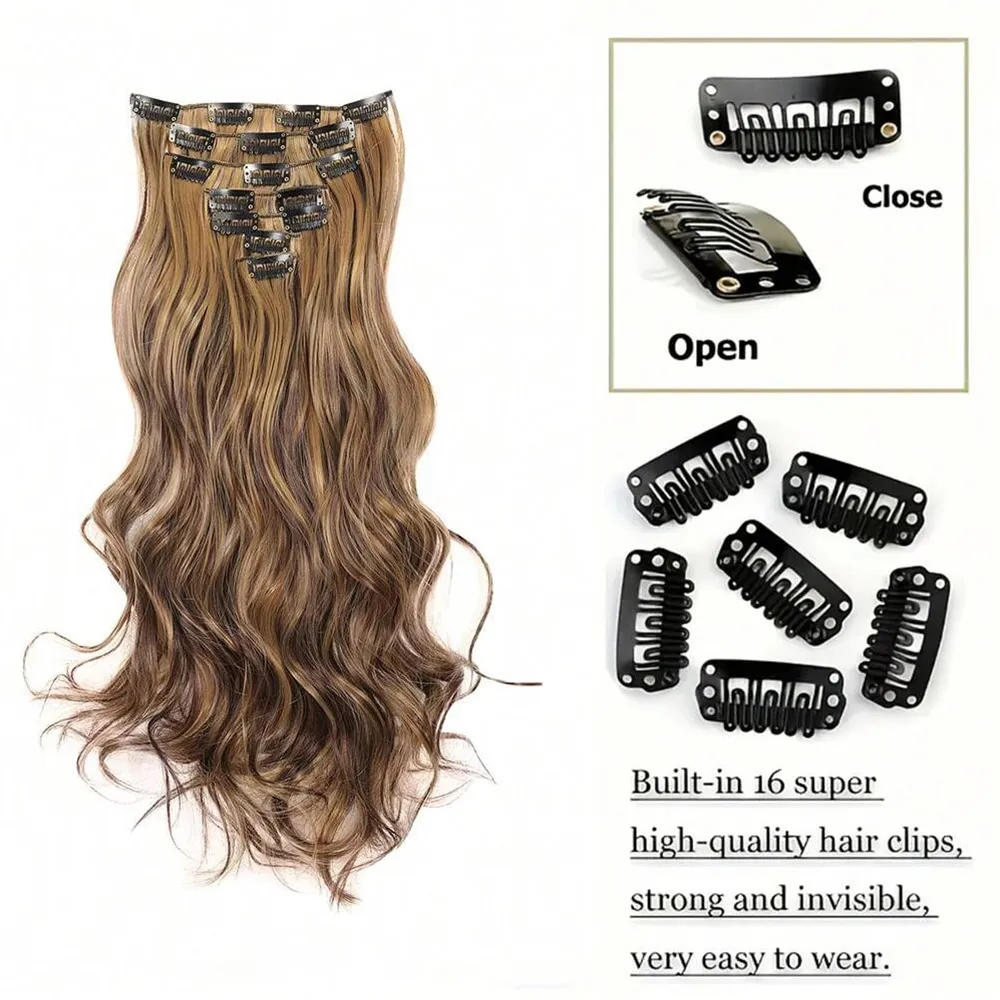 7 Clips In Hair Extensions Lange Golf Kapsel Zwart 20 inch Natuurlijk Synthetisch Haar Dagelijks Gebruik Haarstukje Voor Vrouwen