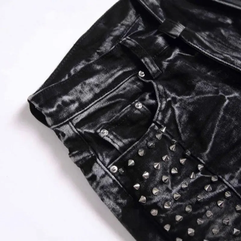 2025 nuevo cuatro estaciones Retro Punk High Street moda negro lavado anticuado adelgazamiento y anticuado Willow Nail Jeans para hombres