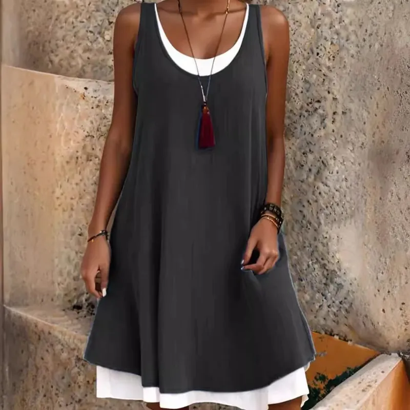 Summmer Women's Solid Dress Casual Sleeveless Fake Two Piece Loose Dresses Female O Neck Office Holiday Beach Party Dress New