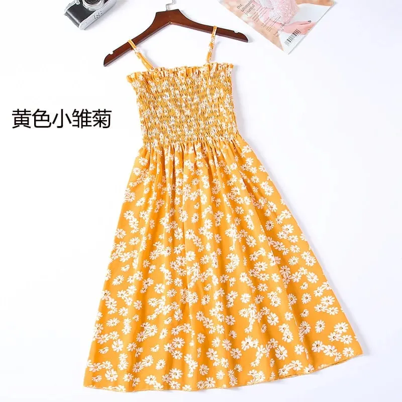 ฤดูร้อนมินิเดรสแฟชั่นหญิง Elastic High เอว Casual สปาเก็ตตี้สายคล้องคอผู้หญิงชุดชีฟอง Vestidos