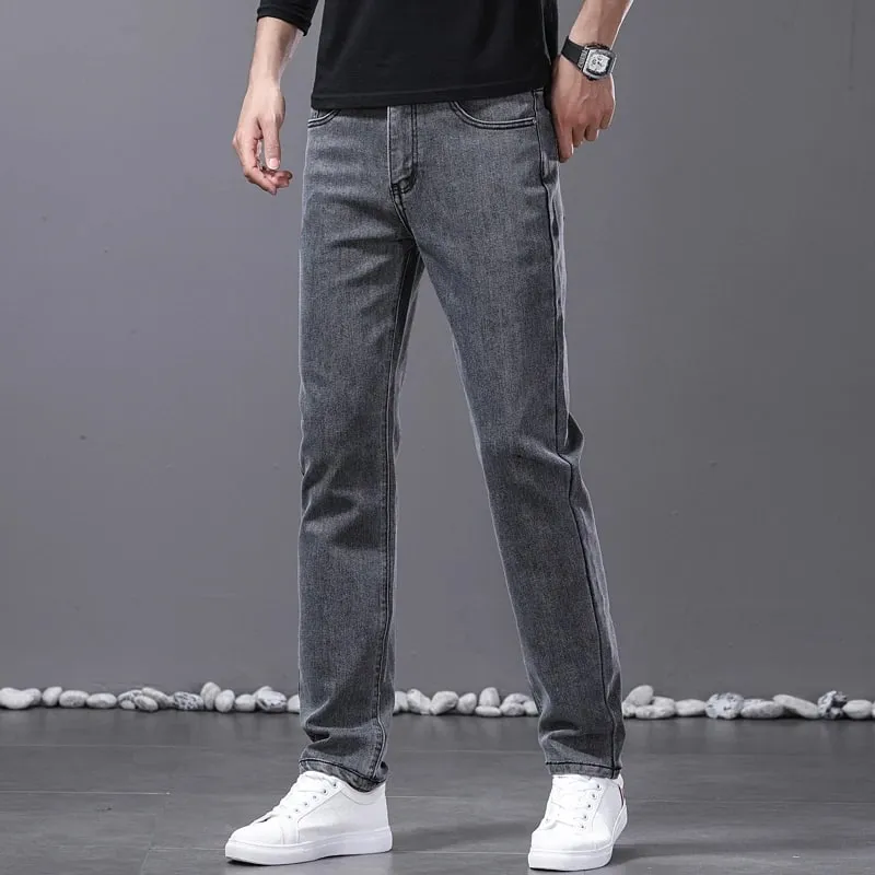 Spring New Men's Straight Jeans Comfortable Elastic Casual Business Work Trousers Retro Blue Fashion Fit Washed Denim Pants — image 5