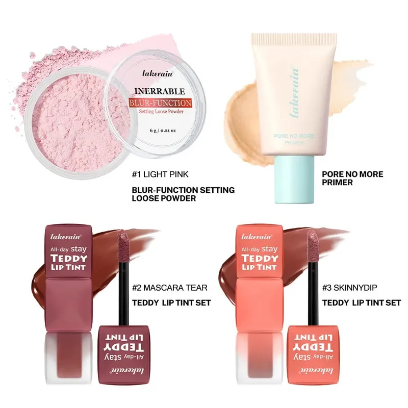 4pcs/set Pore No More Primer + Lip Tint + Loose Setting Powder Makeup Set Matte Long-Lasting Waterproof Effect Travel Portable — image 5