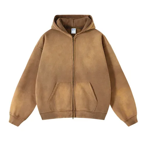 Zip Up hoodies herr Tie Dye Washed Double Oversize Cardigan Sweatshirt Lös Plush Plysch Gradient Man Huvtröjor Vinter