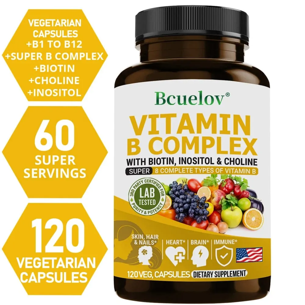 Vitamin B Complex - B1 B2 B3 B5 B6 B7 B9 B12 Biotin Choline Niacin - Brain Skin Hair Nervous System Immunity Metabolism