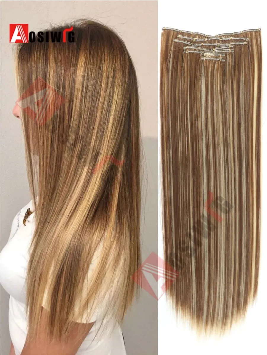 18-32Inch 16 Clips in Hair Extensions Long Straight Hairstyle Synthetic Blonde Black Hairpieces Heat Resistant False Hair Daily