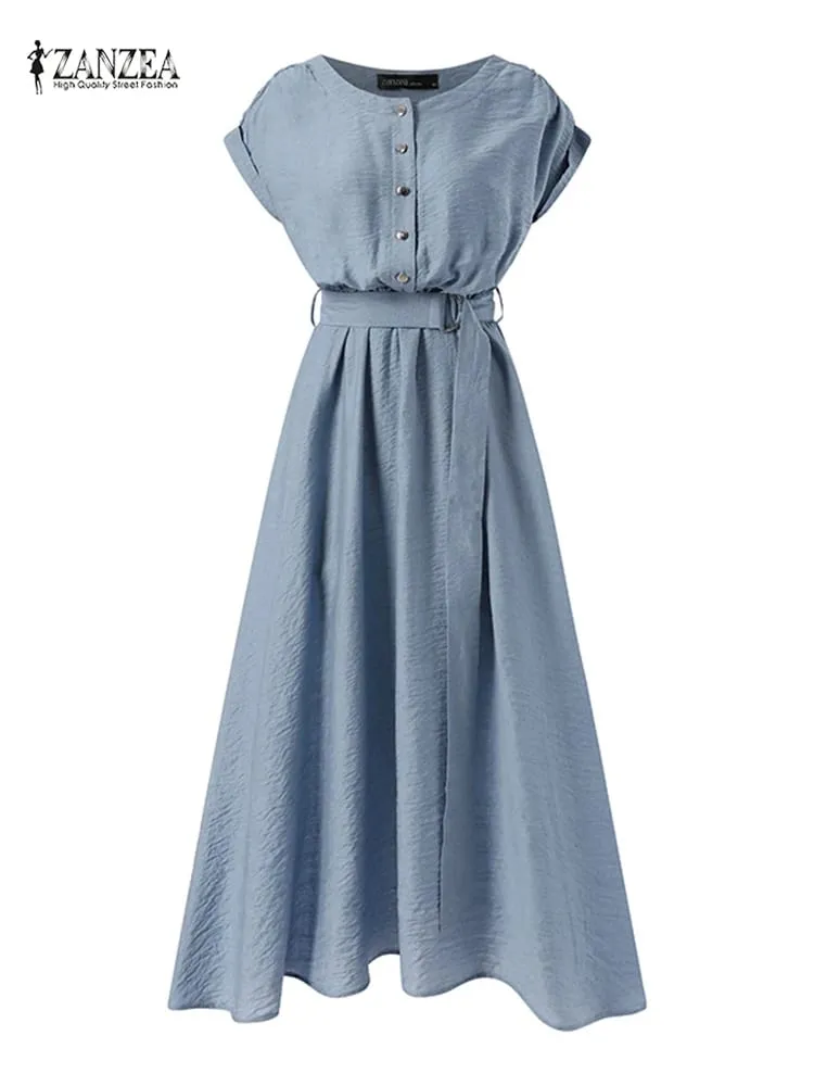 2025 ZANZEA ผู้หญิงแฟชั่นแขนสั้นฤดูร้อน Elegant Party Vestidos Casual กลางลูกวัว Sundress Femme Vintage OL Robe Kaftan