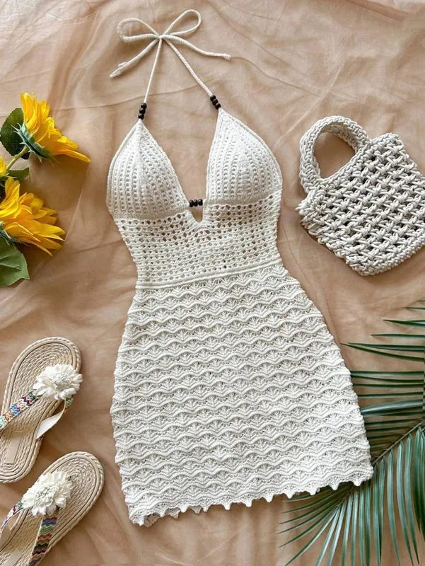 Vestido sin mangas con cuello halter de crochet blanco para mujer