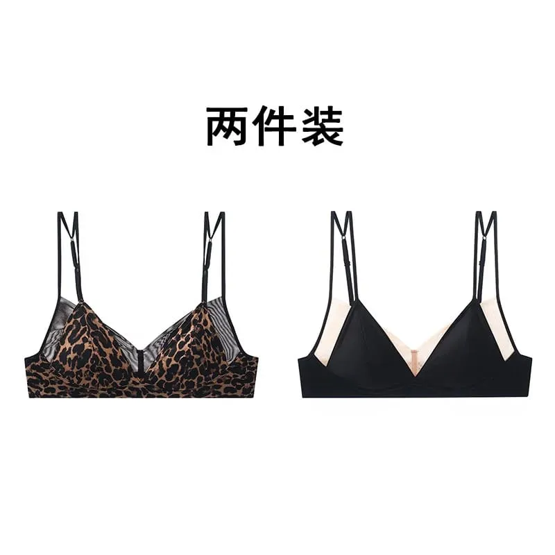 Modish Leopard Intimate Set Non-wire Thin Triangle Bra Breathable Summer Nude Fabric Small Chest Firm Gathering Womens Indoor