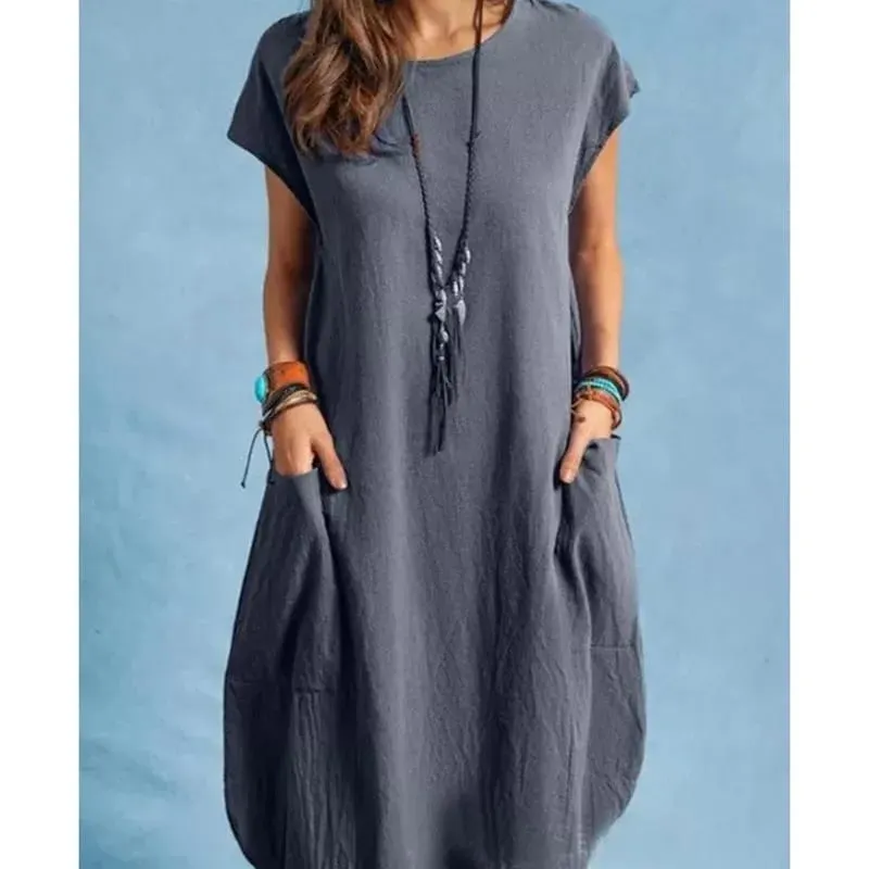 Spring and Summer Europe and the United States Amazon Stand Alone ebay Cotton Linen Loose Casual Pure Color Pocket Dress Ladies — image 2