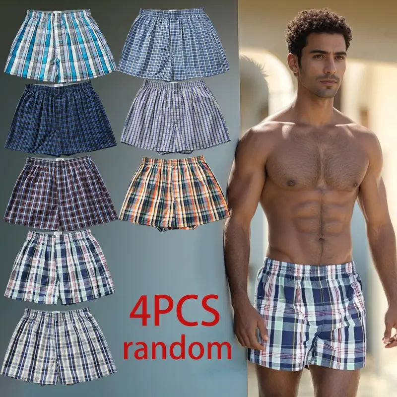 Random 4PCS Men's Fashion Arrow Shorts Home Shorts Men's Underwear Comfortable Breathable Plaid Underwear