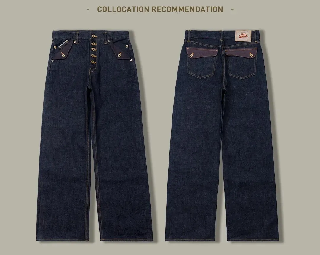 Red Tornado Retro Heavy 18oz Raw Selvedge Denim Pants Sanforized Button Fly High Waist Flap Pocket Carpenter Style Jeans