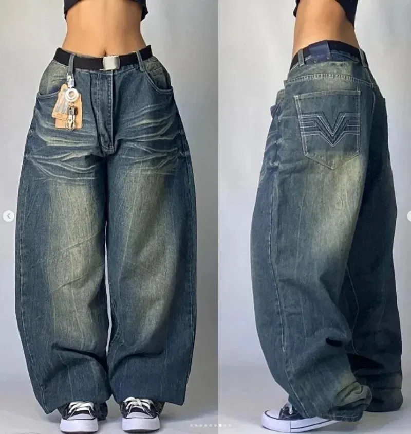 90s Gothic Centipede Embroidery Washed Oversized Wide-Leg Pants Jeans Men Y2K New Harajuku Punk Hip-Hop Rock Couple Street Wear