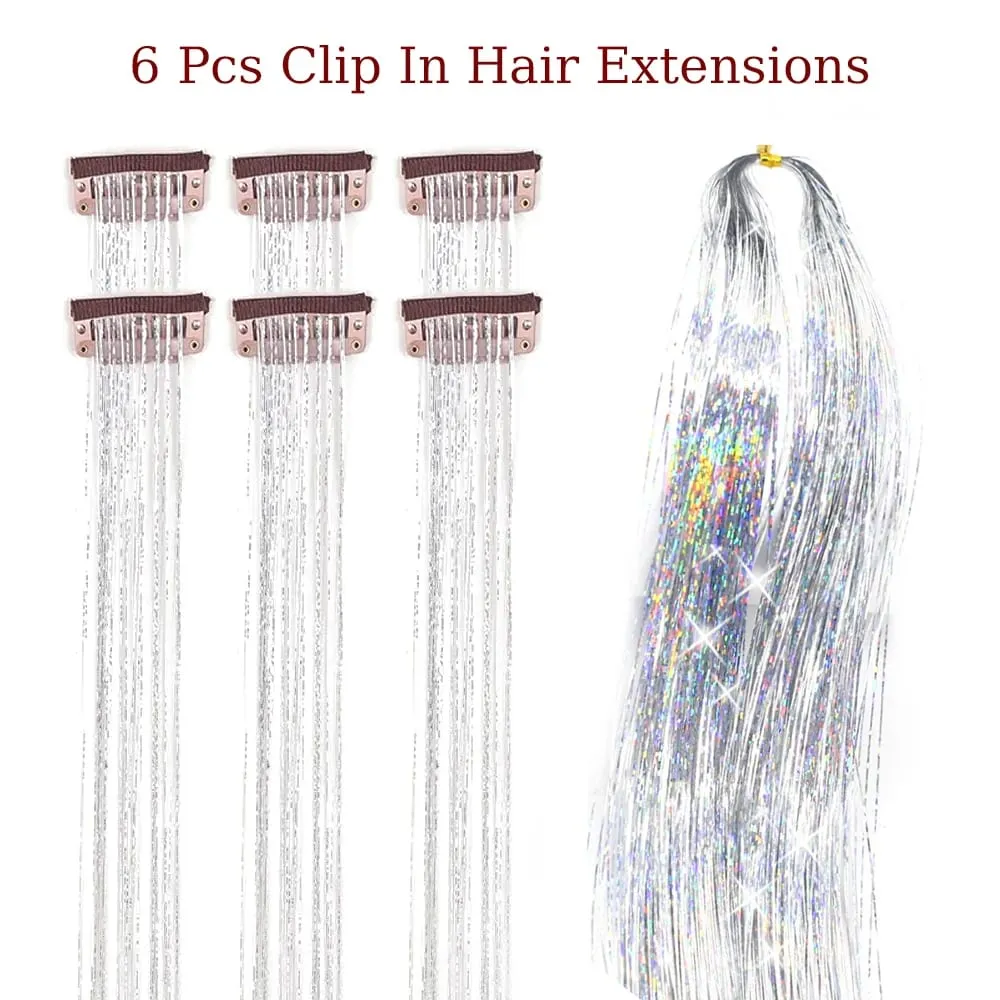 Hårglitterpaket med 6 st Klämma i hårglitter 20 tum Färgglada glitter glitter Hårförlängningar Festival Present glitter Fairy Hairpiece