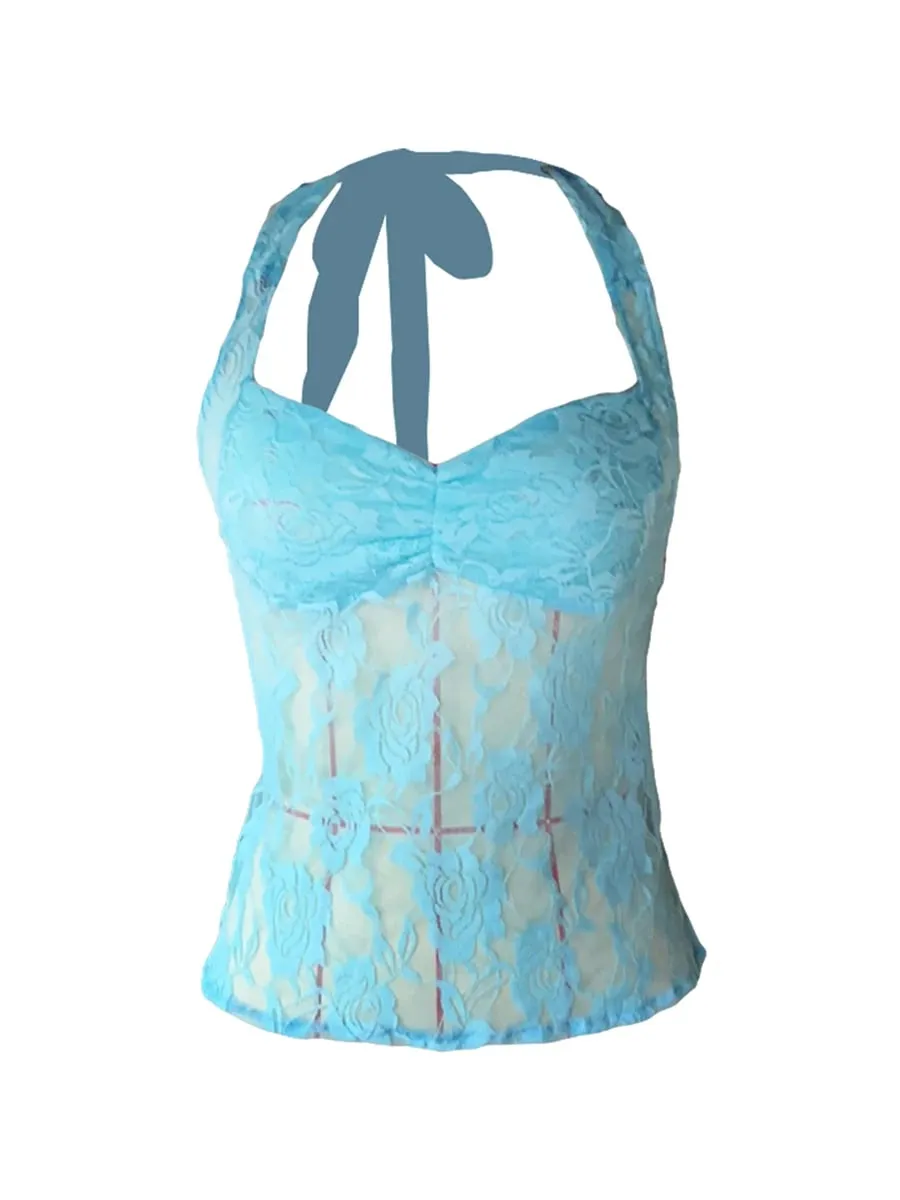 Womens Summer Y2k Sheer Lace Vest Top Camis Halter V Neck Slim Fit Tank Crop Sexy See Through Tee Tops Streetwear