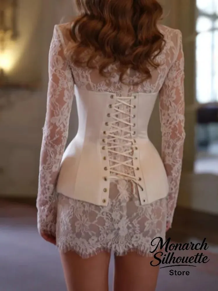 Effen Satijnen Kanten Korset Mini-jurk Vrouwen Sexy Spaghetti Band Sheer Paneel Slim Fit Korte Jurken 2026 Trendy Lady Avondje Uit dragen