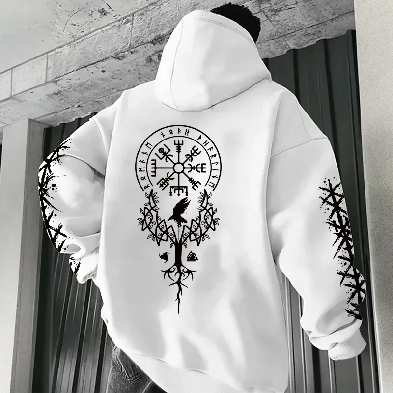 Edisi Musim Sejuk dan Musim Luruh Viking Nordic Runes Bercetak Baju Bertudung Lelaki Bersaiz Besar untuk Pakaian Kasual Jalanan
