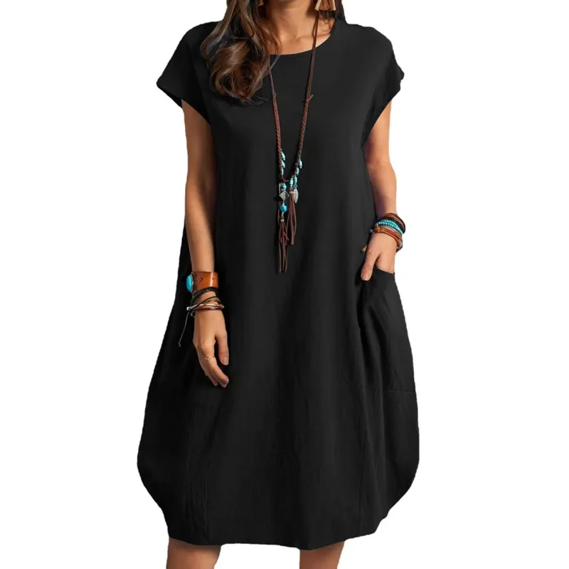 Spring and Summer Europe and the United States Amazon Stand Alone ebay Cotton Linen Loose Casual Pure Color Pocket Dress Ladies — image 5