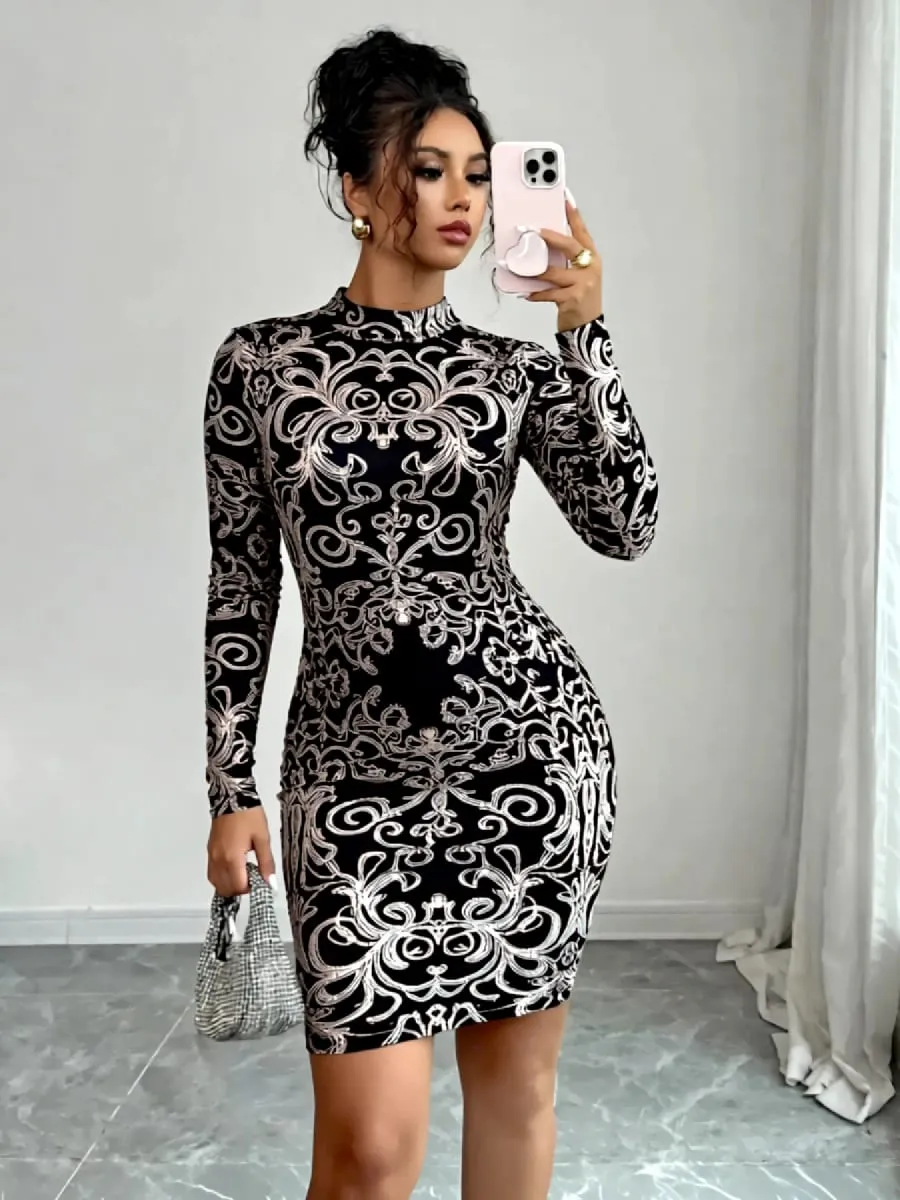 Women's Spring Summer Black Metallic Baroque Print Mock Neck Long Sleeve Bodycon Mini Party Dress — image 2