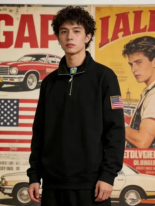 Y2K Retro Quarterzip Pullover Hoodie Pattern Embroidery Pattern Sweatshirt American Vintage Casual Streetwear Men Oversized Coat