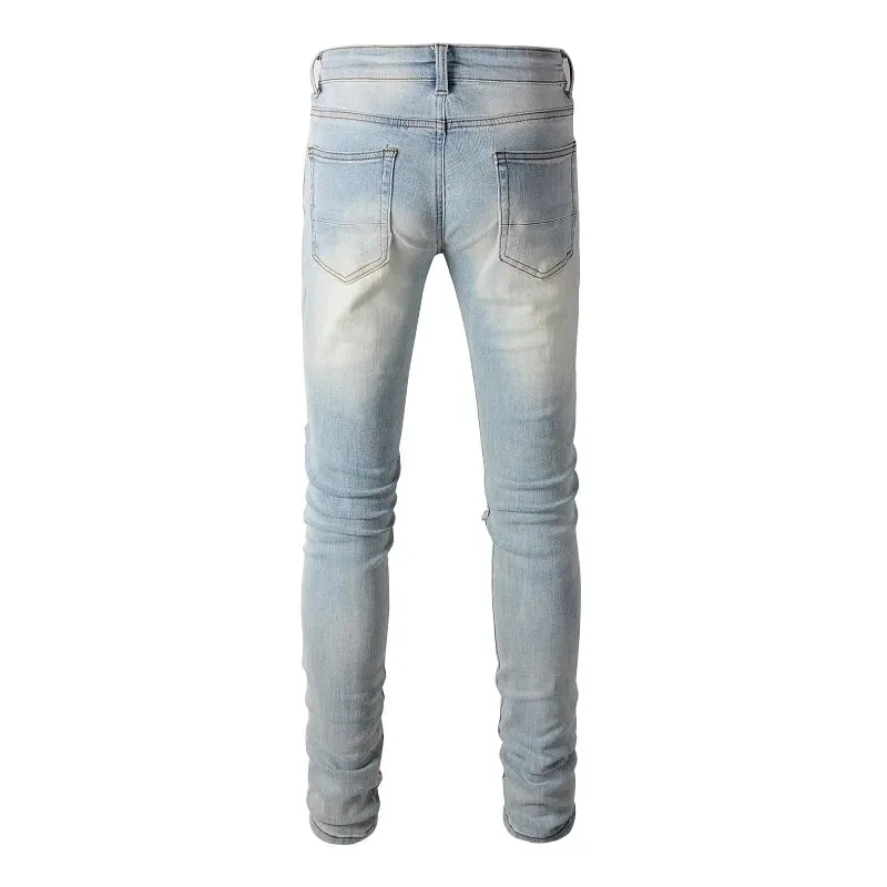 Men Cracked Patch Stretch Denim Jeans Holes Ripped Patchwork Pants Streetwear Light Blue Skinny Tapered Trousers — image 2