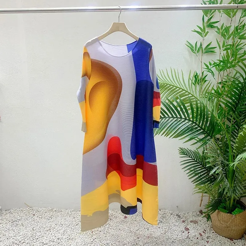 Miyake Pleated Print Dress 2024 New Early Spring Fashion Elegant A-line Swing Dress Elegant Women's Clothing High-quality