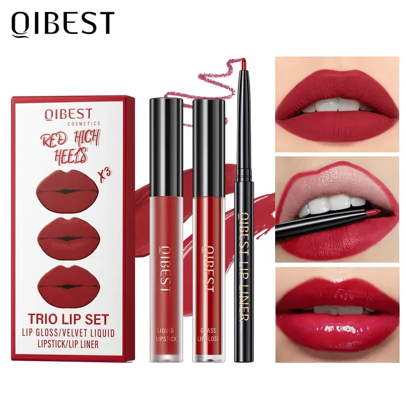 Matte Liquid Lipstick&Lip Liner&Lip Gloss 3Pcs Sets Long Lasting Non-stick Cup Red Black Purple Lip Tint Cosmetics Kits — image 1
