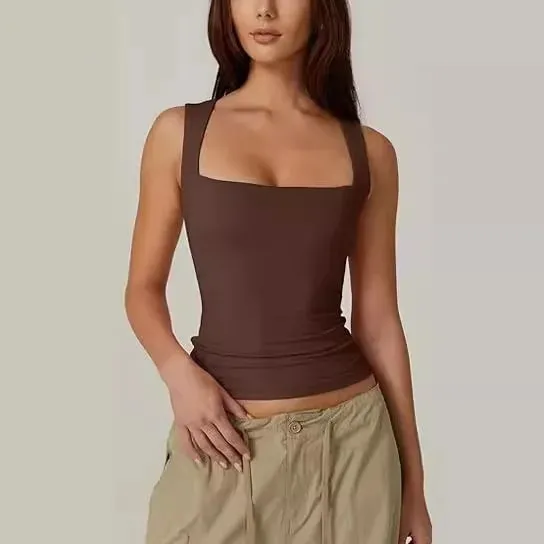 2026 Summer Women's Square Neck Sleeveless Double Layer Tank Top Basic Tight T-shirt Y2k Goth Tank Top Women Crop Tops