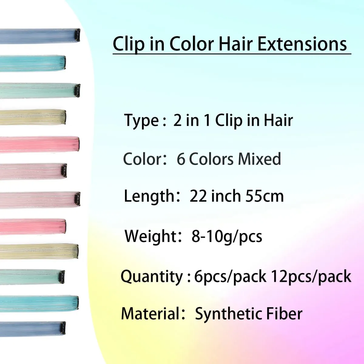 Multicolor Clip in Hair Extensions Mix tinsels Colored Hair Extensions 2 in 1 Rainbow Hair with Silver Tinsels for Kids Girls — image 10