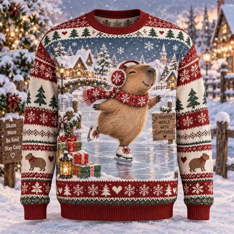 Capybara Christmas Sweater Funny Animal Holiday Graphic Crewneck Xmas Pullover Winter Party Gift Casual Streetwear Festive Top