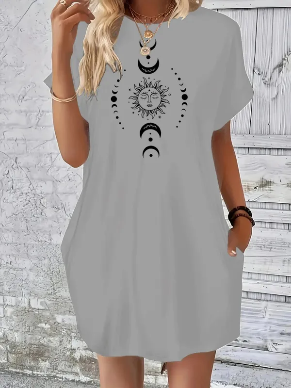 Ladies' summer loose sun moon planet pattern printed round neck short sleeved pocket comfortable casual plus size dress