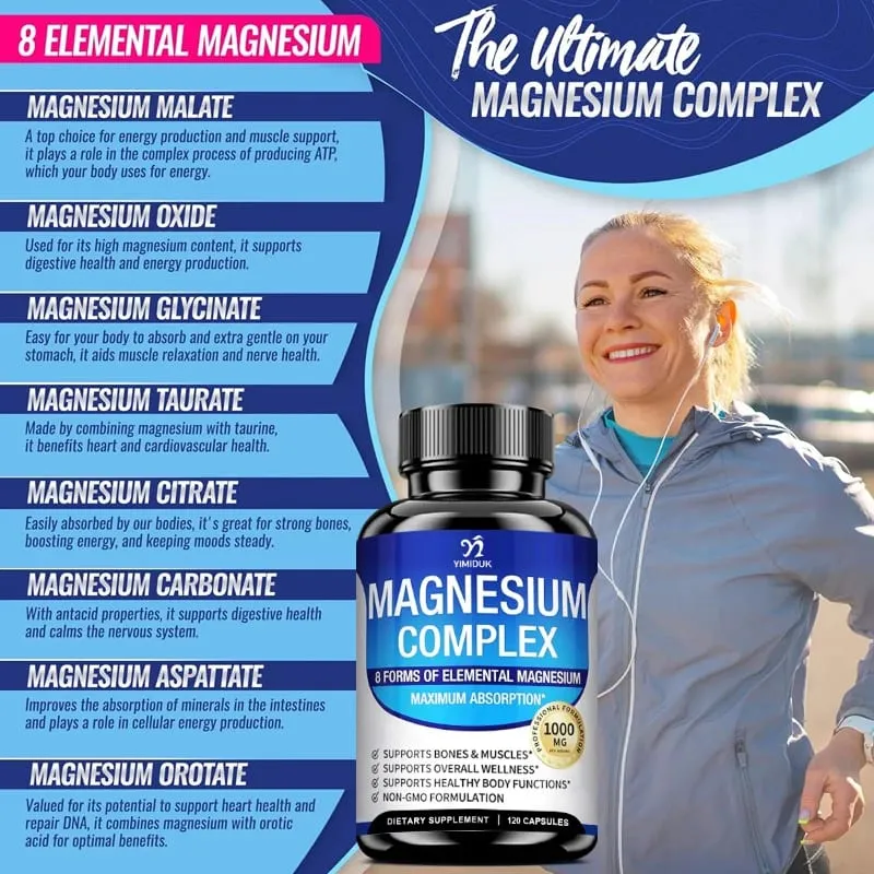 Magnesium-Komplex-Ergänzung 1000 mg – Magnesiumglycinat-Citrat-Malat-Taurat chelatisiert für Knochen-Muskel-Regenerationsenergie
